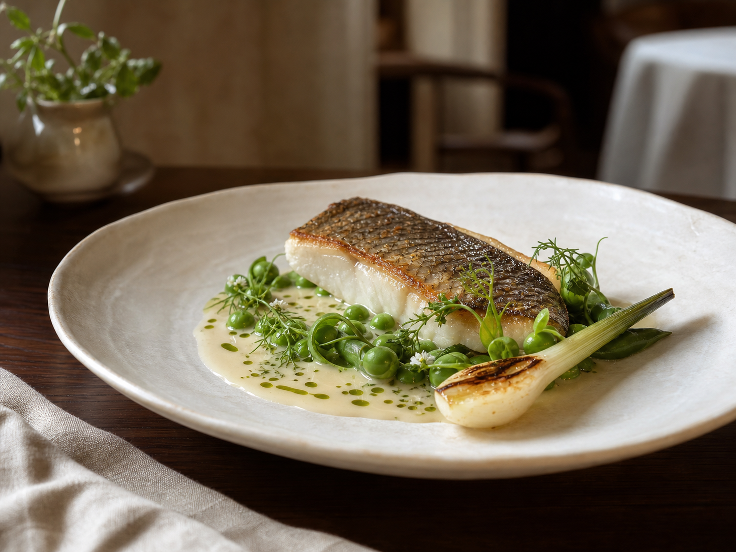 Sea bass with garden peas and beurre blanc