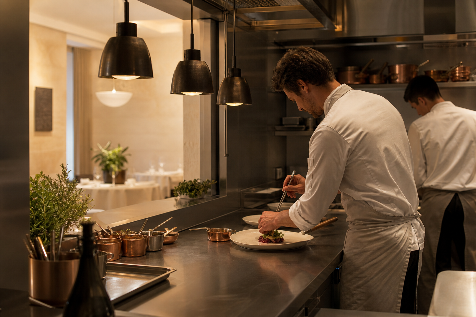 Chefs working at the pass at Restaurant Zum Charles
