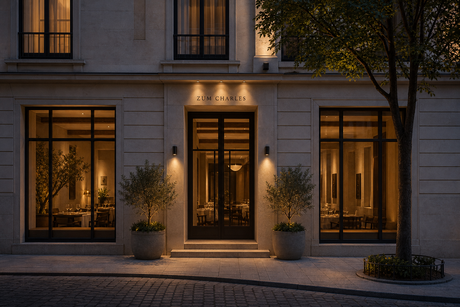 The entrance and exterior of Restaurant Zum Charles at dusk